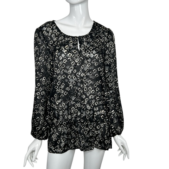 Chico's Size 1 Geometric Print Top Tunic Black & Beige Sheer Long Sleeve Shirt - Picture 3 of 16
